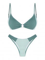 Maillot de Bain Bikini Texturé Côtelé Bicolore Anneau en O - Vert profond L