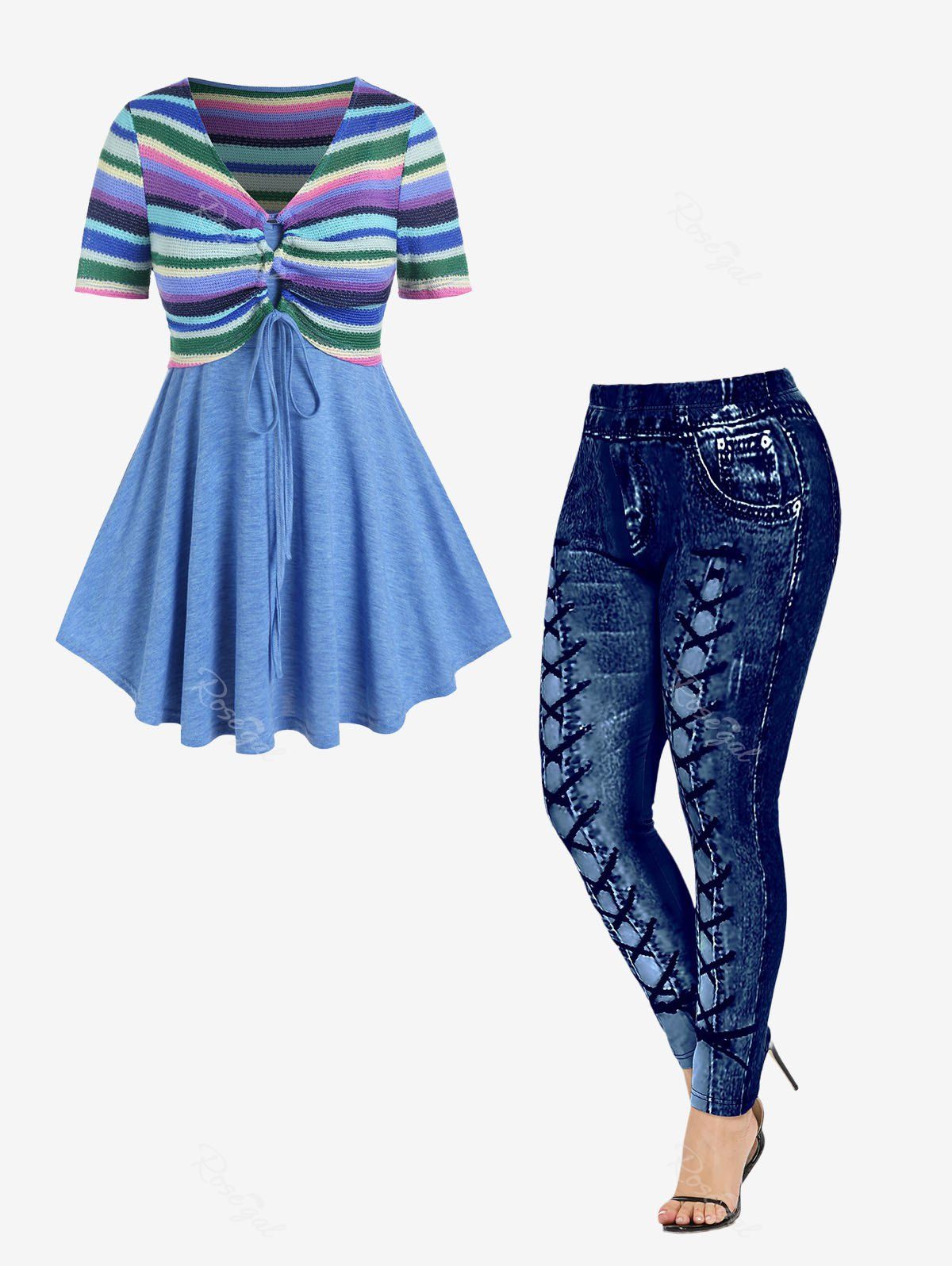 Chic Lace Up Striped Knitted Top and Solid Cami Top Set and High Waisted 3D Printed Leggings Plus Size Outfit  