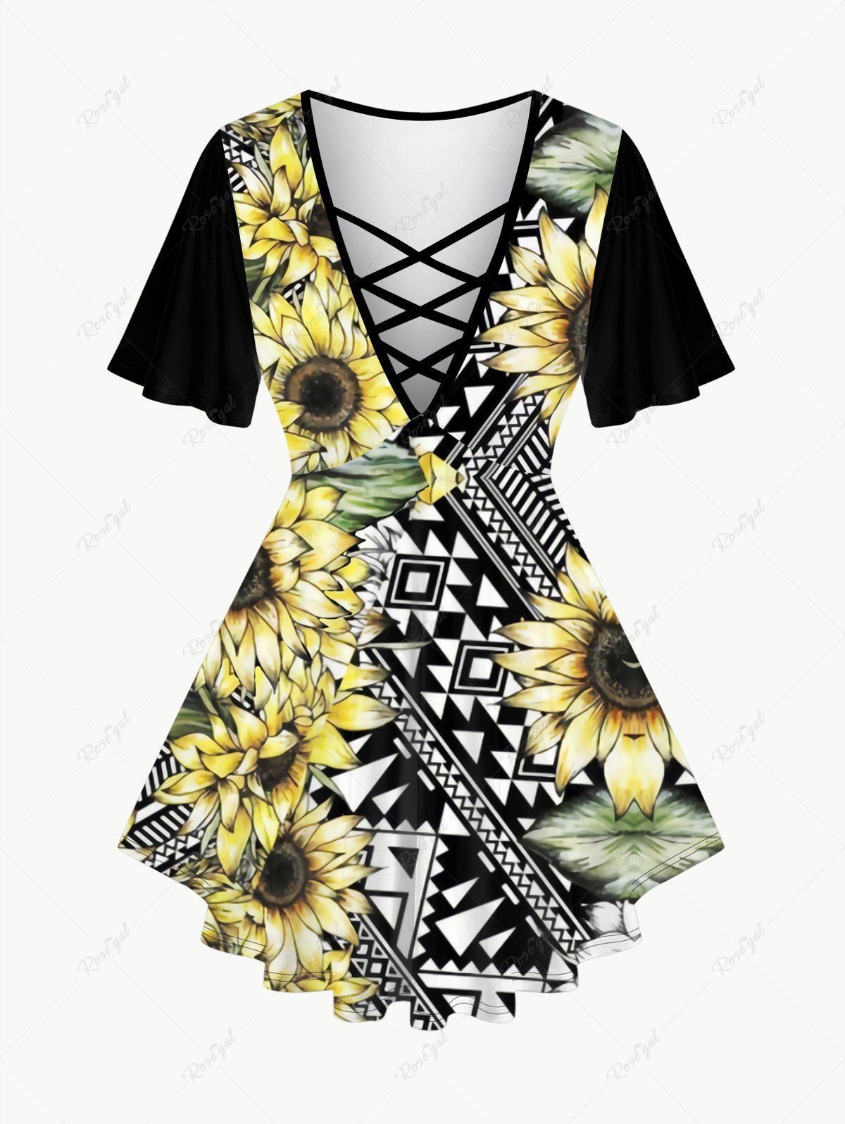 Online Plus Size Sunflower Geo Printed Crisscross Plunging T-shirt  