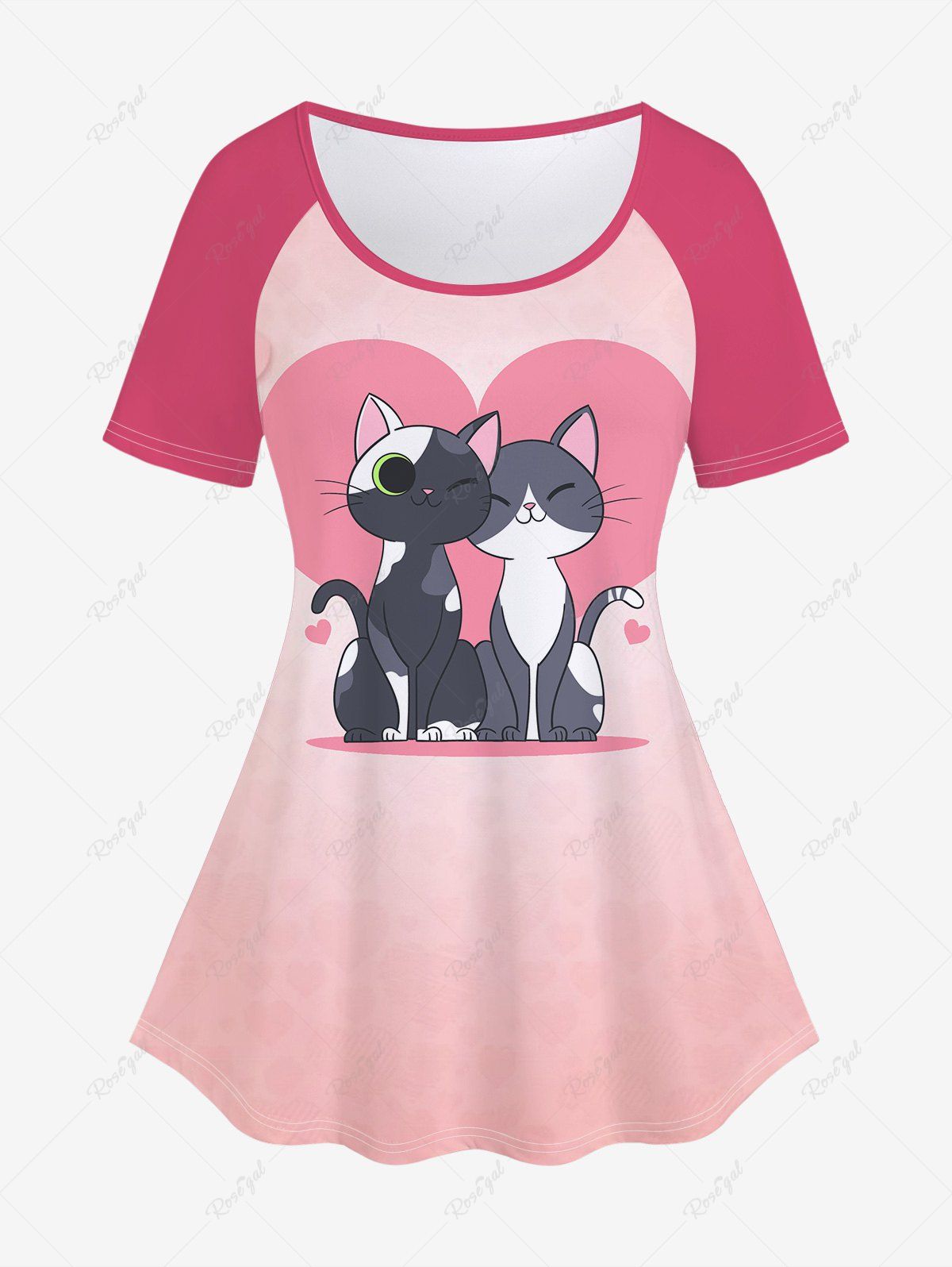 T-shirt à Imprimé Chat Cœur de Grande Taille à Manches Raglan Pour La Saint Valentin Rose Léger  5x | US 30-32