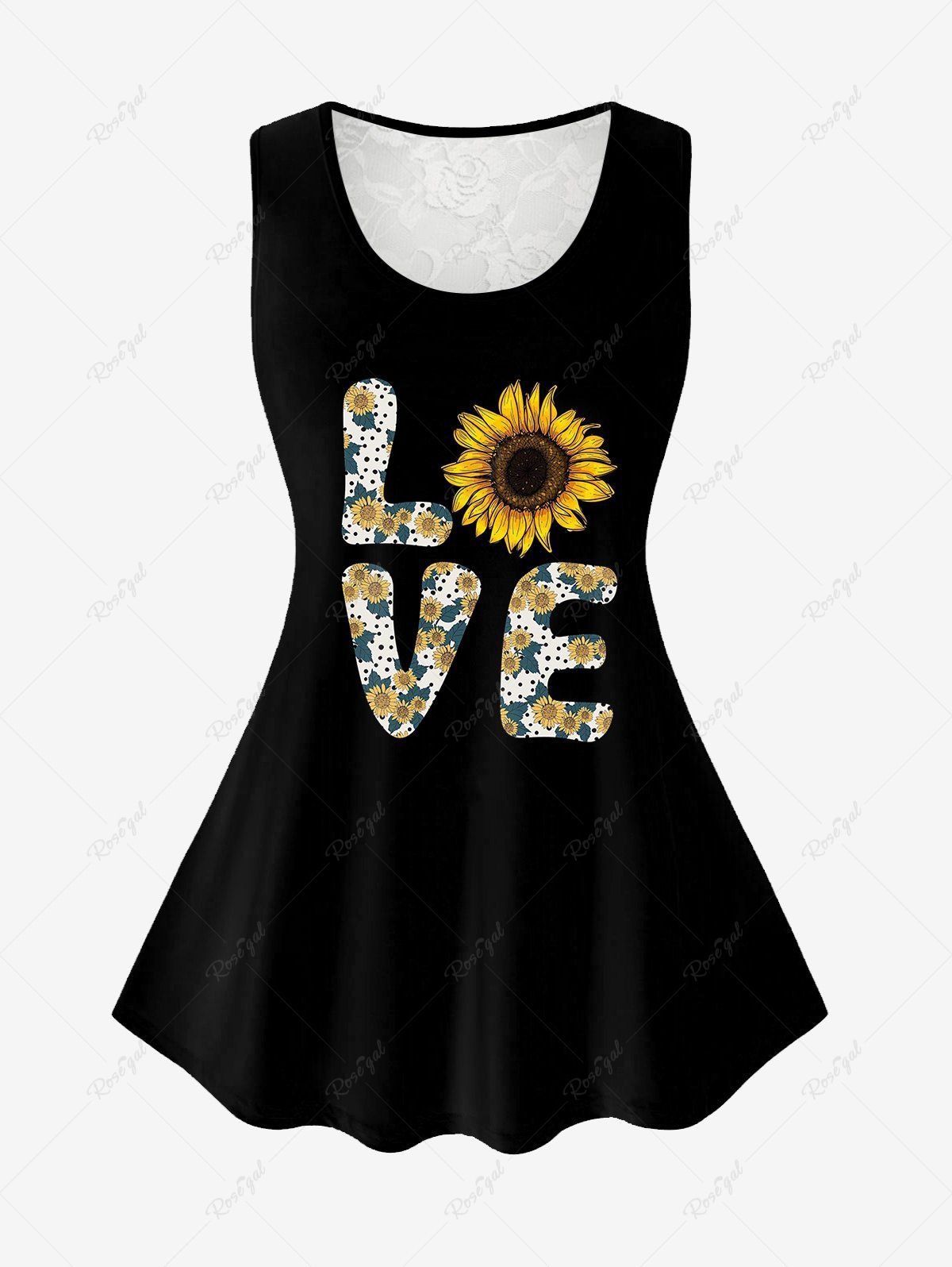 Unique Plus Size Sunflower Love Lace Panel Valentines Tank Top  