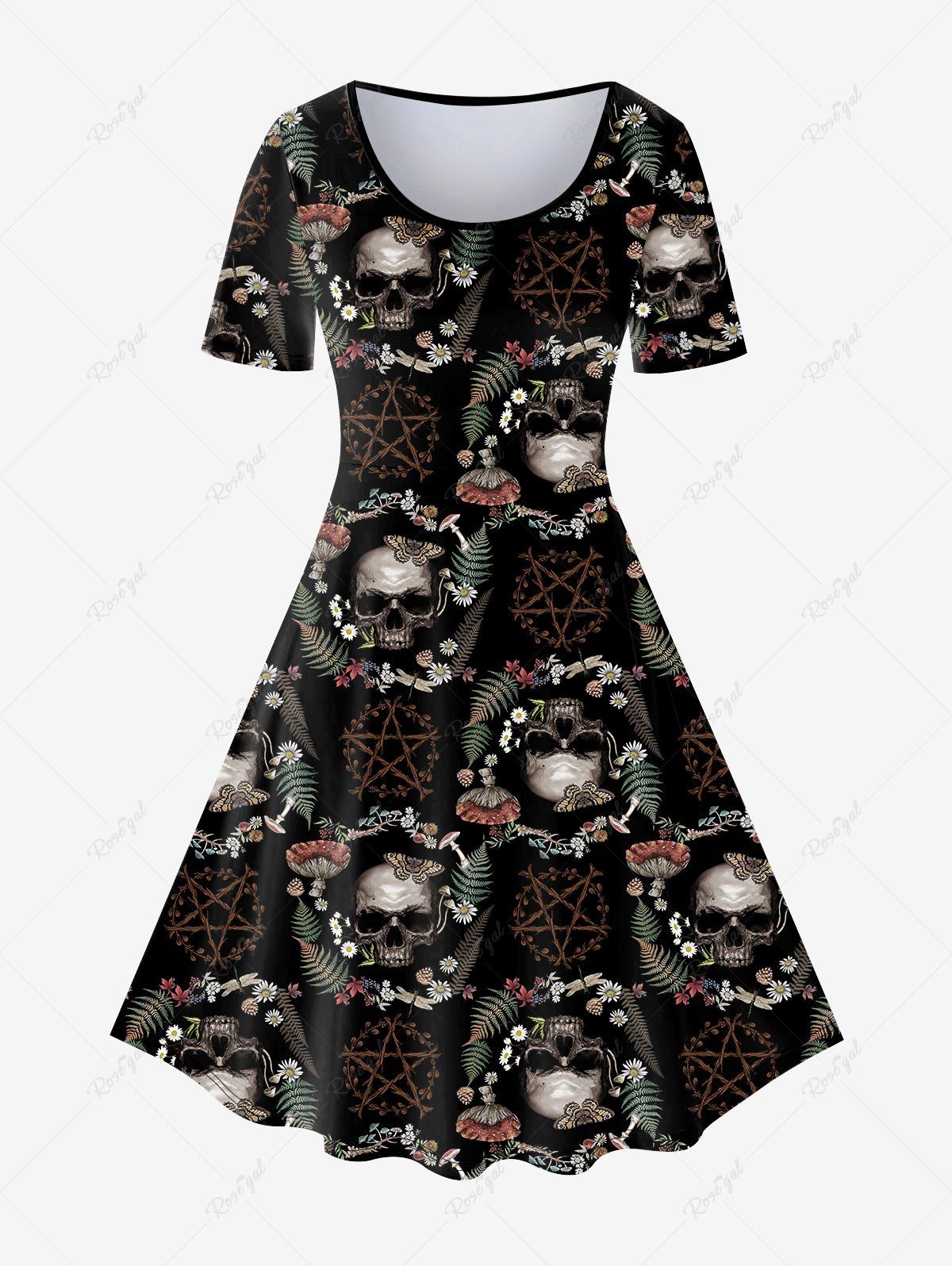 Cheap Gothic Skull Plant Print A Line Tee Dress  