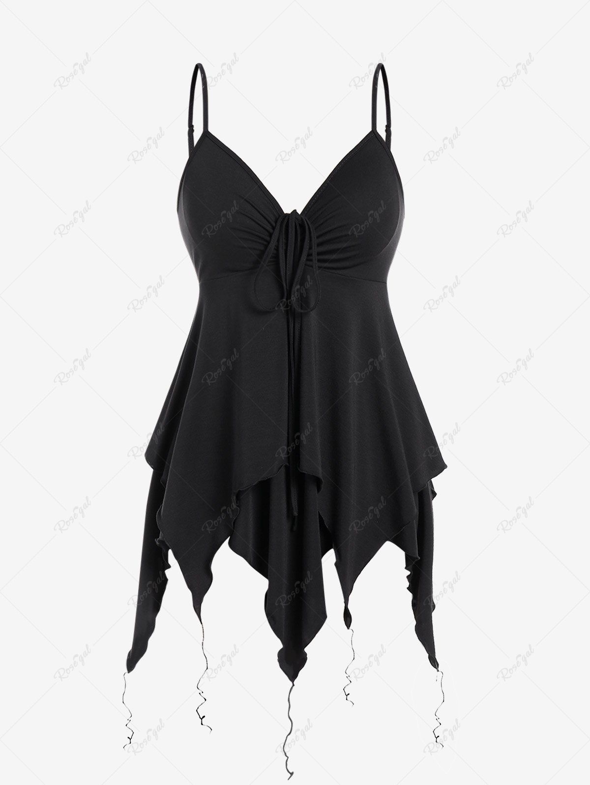 Online Gothic Spaghetti Strap Cinched Ruched Handkerchief Hem Layered Top  