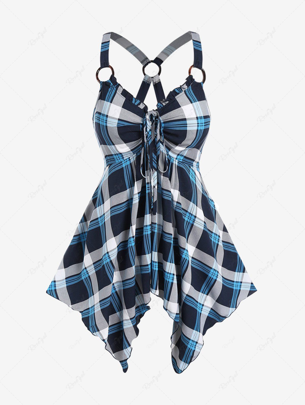 Chic Plus Size Checked Rings Frilled Cinched Handkerchief Hem Tank Top  