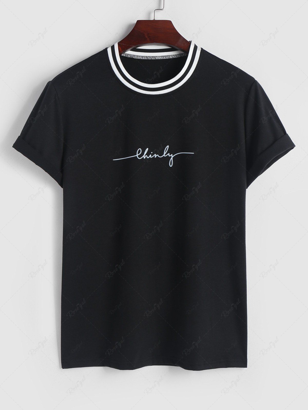 Discount Letter Print Contrast Striped Collar T Shirt  