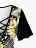Plus Size Sunflower Geo Printed Crisscross Plunging T-shirt -  