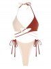 Maillot de Bain Bikini Côtelé Croisé Bicolore à Col Halter - café lumière M