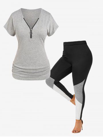Half Zipper Raglan Sleeves Tee and Colorblock Skinny Leggings Plus Size Outfit - LIGHT GRAY