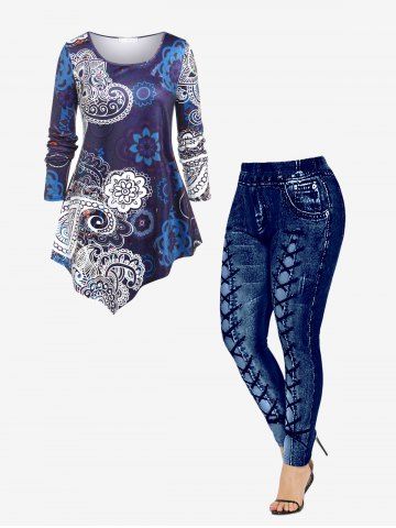 Tribal Print Irregular T-shirt and High Waisted 3D Printed Leggings Plus Size Outfit - BLUE