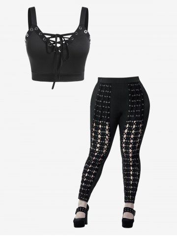 Plus Size Lace-up Grommet Backless Cropped Top And Lace-up Grommets Pull On Skinny Pants Gothic Outfit