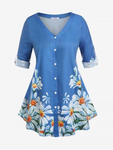 Plus Size Roll Up Sleeve Floral Print Blouse - BLUE - 3X
