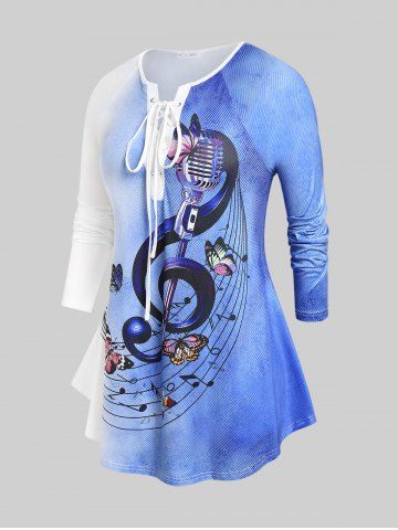 Plus Size Lace Up Ombre Color Music Notes Print Tee