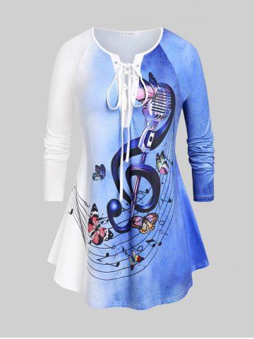 Plus Size Lace Up Ombre Color Music Notes Print Tee - BLUE - 5X