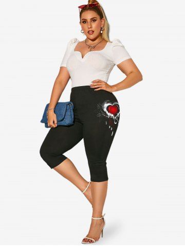 Plus Size Valentines Heart Printed Capri Leggings