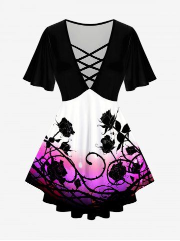 Plus Size Flower Ombre Crisscross Short Sleeves Plunging Tee - BLACK - M | US 10