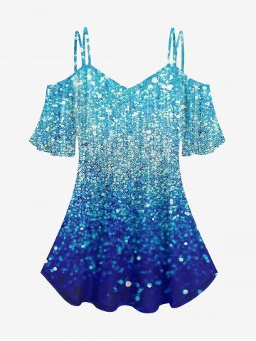 Plus Size Glitter Sparkles Printed Cold Shoulder T-shirt - BLUE - L | US 12