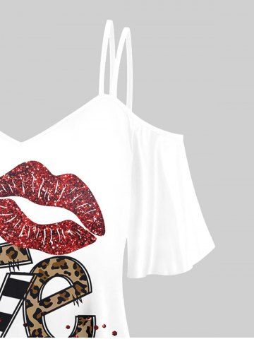 Plus Size Valentines Lip Love Leopard Printed Cold Shoulder Tee