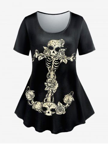 Gothic Skull Rose Anchor Print T-shirt