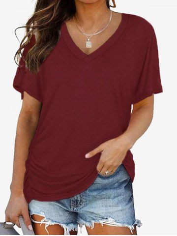 Plus Size Solid V Neck Tee - DEEP RED - XL