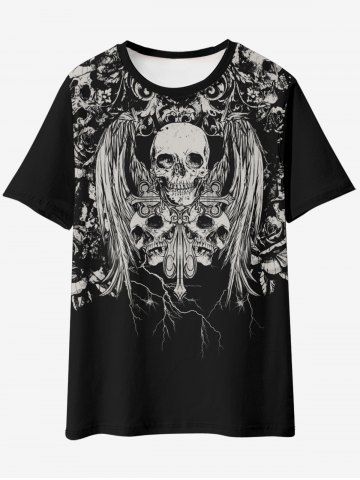 Gothic Skull Floral Print Cotton T-shirt - BLACK - XL