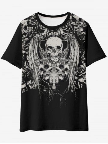 Gothic Skull Floral Print Cotton T-shirt - BLACK - 6XL