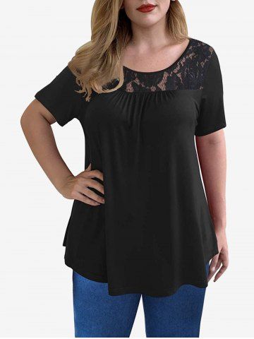 Plus Size Lace Panel T-shirt - BLACK - 4XL
