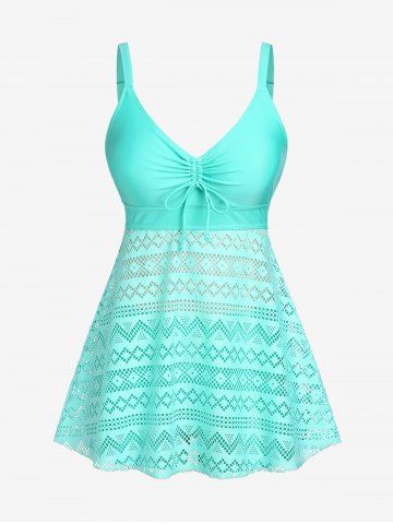 Plus Size Cinched Hollow Out Backless Padded Boyleg Tankini Swimsuit - GREEN - M | US 10