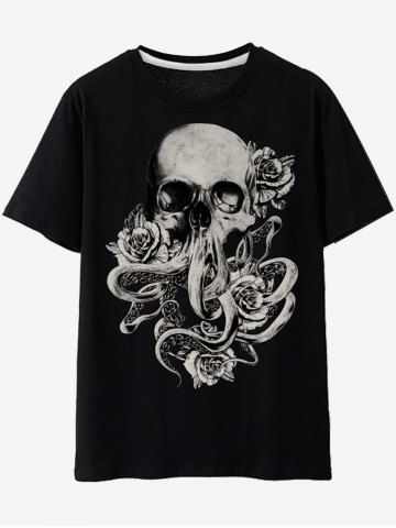 Gothic Skull Rose Graphic Tee - BLACK - 4XL