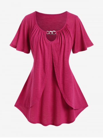 Plus Size Chain Panel Ruched Overlay T-shirt - RED - 1X | US 14-16