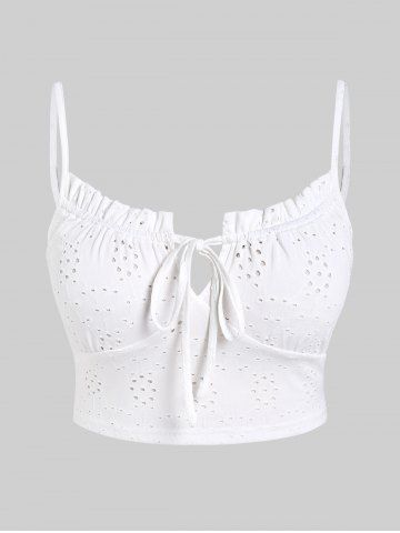 Plus Size Broderie Anglaise Backless Ruffles Tie Crop Top - WHITE - L | US 12