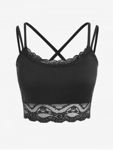 Plus Size Lace Panel Ribbed Strappy Crop Top - BLACK - 1X | US 14-16