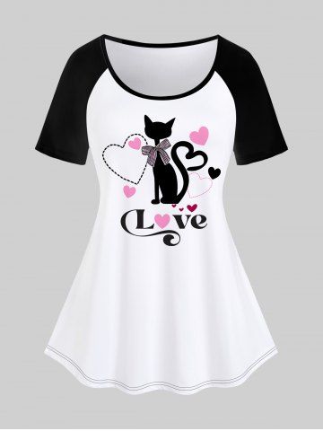 Plus Size Valentines Cat Love Heart Printed Raglan Sleeves Graphic Tee - WHITE - S | US 8