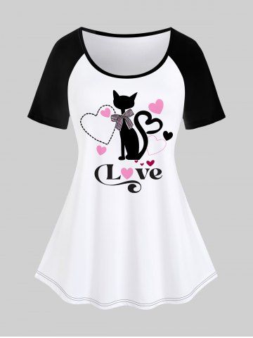 Plus Size Valentines Cat Love Heart Printed Raglan Sleeves Graphic Tee - WHITE - 1X | US 14-16