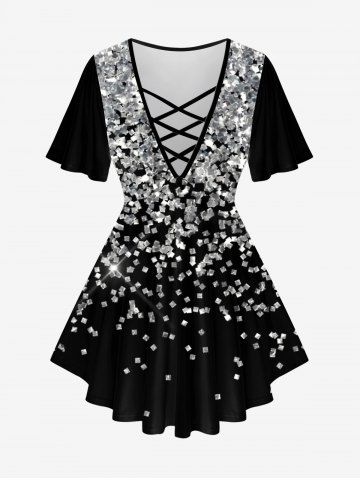 Plus Size Sparkles Glitter Printed Crisscross Short Sleeves Tee - BLACK - L | US 12