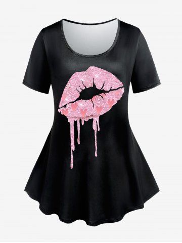 Plus Size Valentines Lip Heart Printed Short Sleeves Tee - BLACK - L | US 12