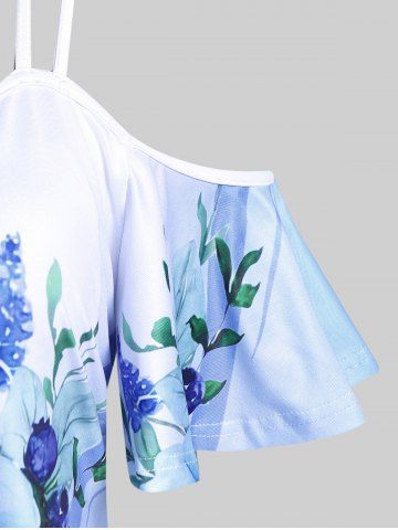Plus Size Colorblock Flower Printed Cold Shoulder Tee