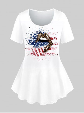 T-shirt Graphique Drapeau Américain Lèvre Léopard de Grande Taille - WHITE - M | US 10