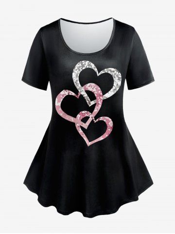 T-shirt à Imprimé Cœur à Manches Courtes de Grande Taille Pour La Saint Valentin - BLACK - 2X | US 18-20