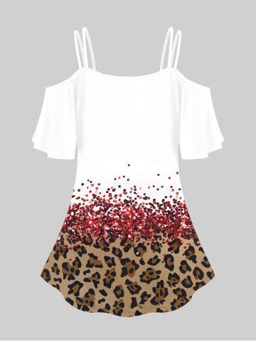 Plus Size Valentines Lip Love Leopard Printed Cold Shoulder Tee