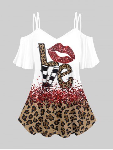 Plus Size Valentines Lip Love Leopard Printed Cold Shoulder Tee - COFFEE - 3X | US 22-24