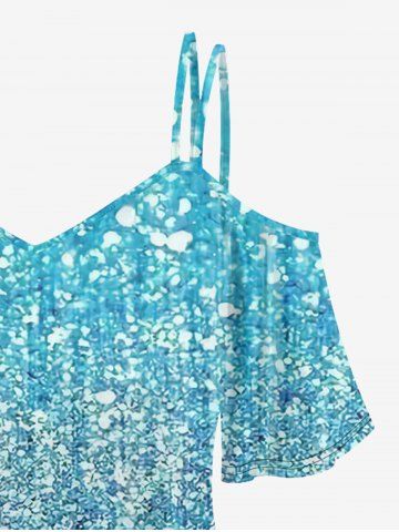 Plus Size Glitter Sparkles Printed Cold Shoulder T-shirt