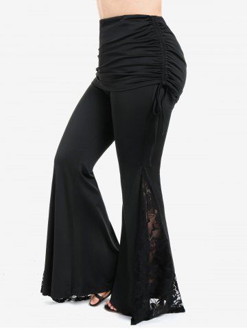 Plus Size Side Floral Lace Panel Bell Bottom Cinched Ruched Skirted Pull On Pants - BLACK - L | US 12