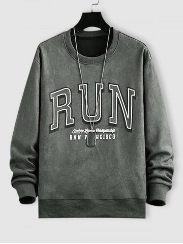 RUN Graphic Pattern Pullover Faux Suede Sweatshirt - DARK GRAY - XS