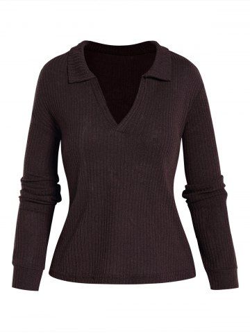 Textured Plain Color V Notched Turn Down Collar Long Sleeve T Shirt - DEEP COFFEE - S