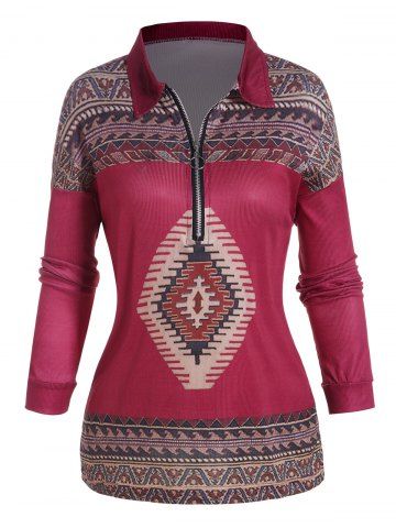 Tribal Geometric Print Long Sleeve Half Zipper Top - DEEP RED - L