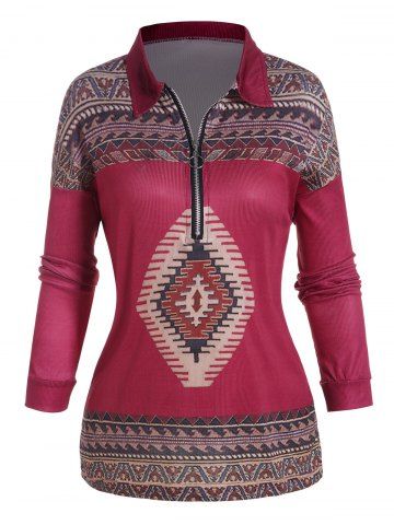 Haut à Imprimé Tribal Géométrique à Demi-Zip à Manches Longues - DEEP RED - 2XL