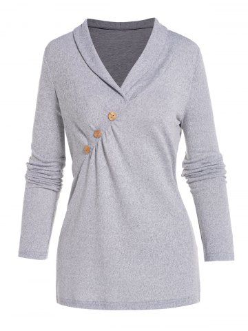 Heather Mock Button Turn Down Collar Full Sleeve Long T Shirt - GRAY - M