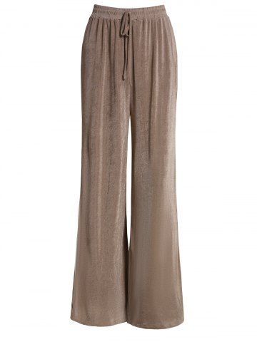 Plain Color Bowknot Elastic High Waisted Long Wide Leg Pants - LIGHT COFFEE - XS