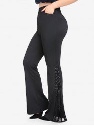 Plus Size Lace-up Slant Pocket Lace Panel Flare Pants -  