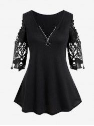 Haut Panneau en Dentelle à Epaule Dénudée à Demi-zip de Grande Taille - Noir 5XL
